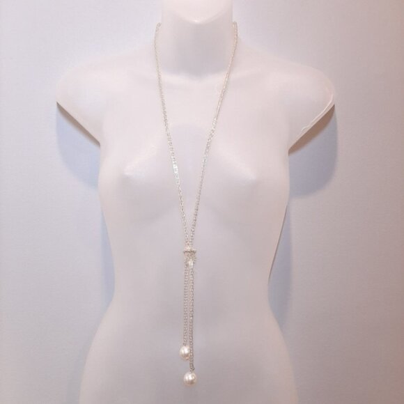 4Pc Set Faux Pearl Silver Chain Jewelry Lariat Knot Necklace Bracelet Tassel - Picture 10 of 13